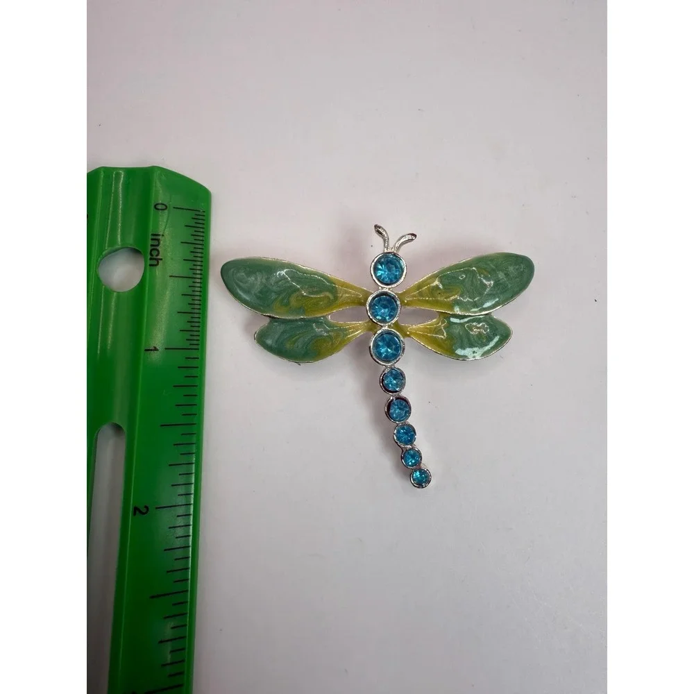 Vintage TC Dragonfly Brooch‎ – Green Enamel Wings Blue Rhinestone Body